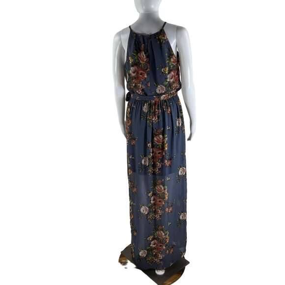 BCX NWT Womens M  Floral Blue Halter Maxi Slit Pleated Dress Belt Sheer Overlay - Picture 2 of 16